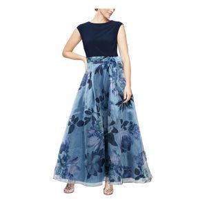 SLNY Womens Navy Tie Lined Ball Gown Cap Sleeve Full-Length Dress Petites 14P